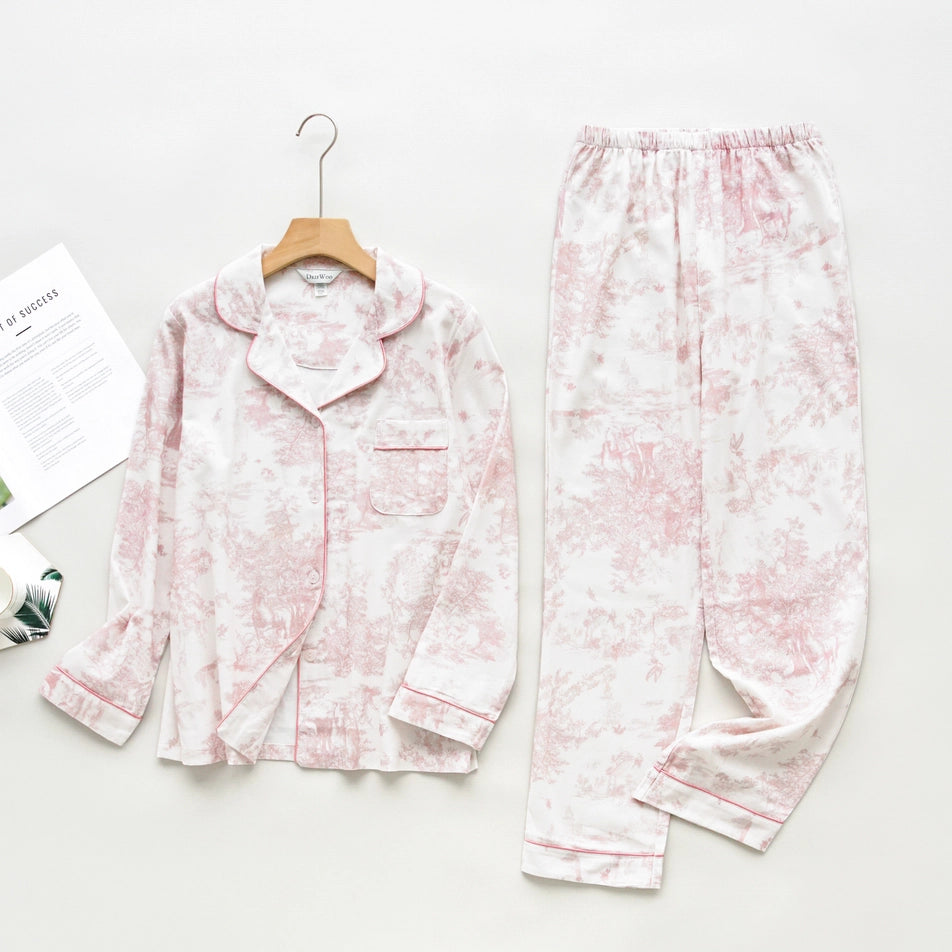 Soft Pink Toile Print Loungewear – Spring Cozy Homewear-Set-DrifWoo-L-Urbanheer