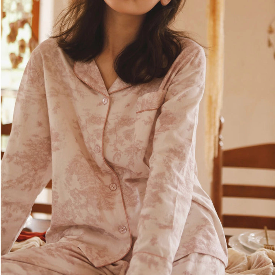 Soft Pink Toile Print Loungewear – Spring Cozy Homewear-Set-DrifWoo-L-Urbanheer