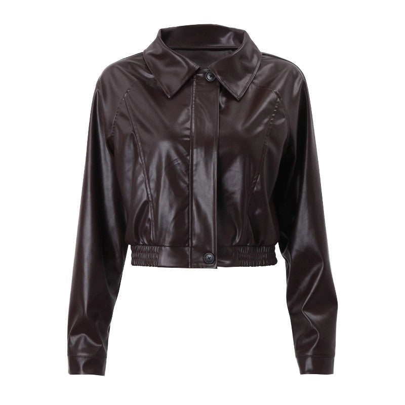 Solid Color Retro Motorcycle Personalized Pu Glossy Jacket-Jacket-Halibuyfashion-S-Brown-Urbanheer