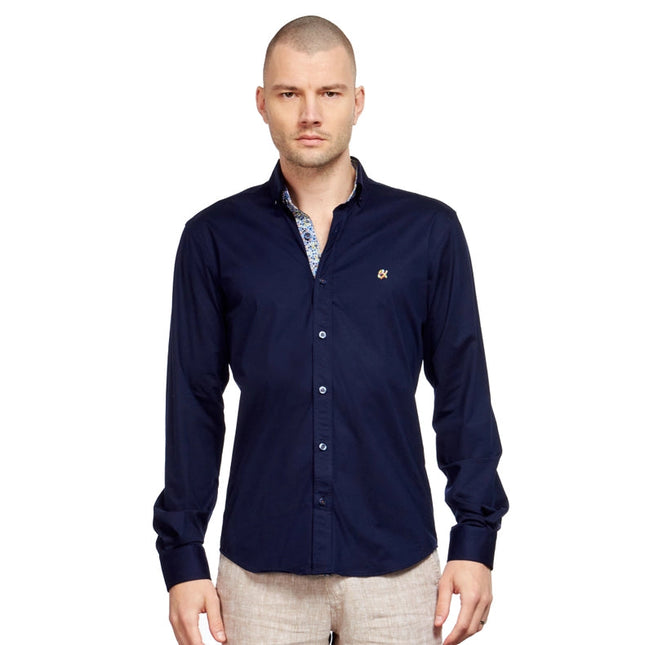 Solid Cotton Stretch Button Down Shirt w/ Abstract Trim