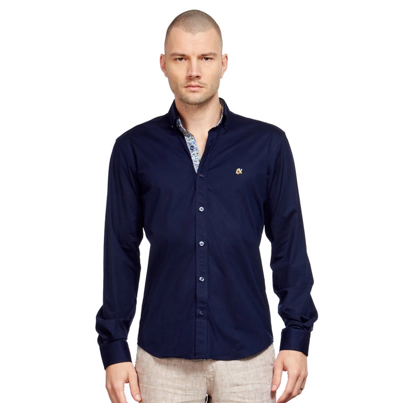 Solid Cotton Stretch Button Down Shirt W/ Abstract Trim-Shirt-Eight X-S-NAVY-Urbanheer