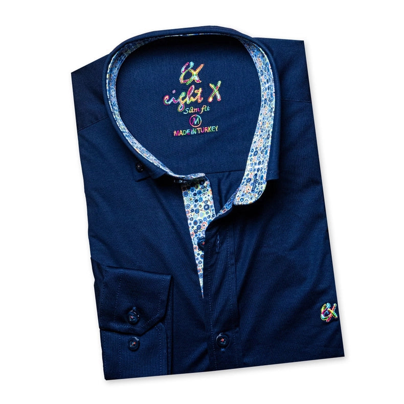 Solid Cotton Stretch Button Down Shirt W/ Abstract Trim-Shirt-Eight X-S-NAVY-Urbanheer