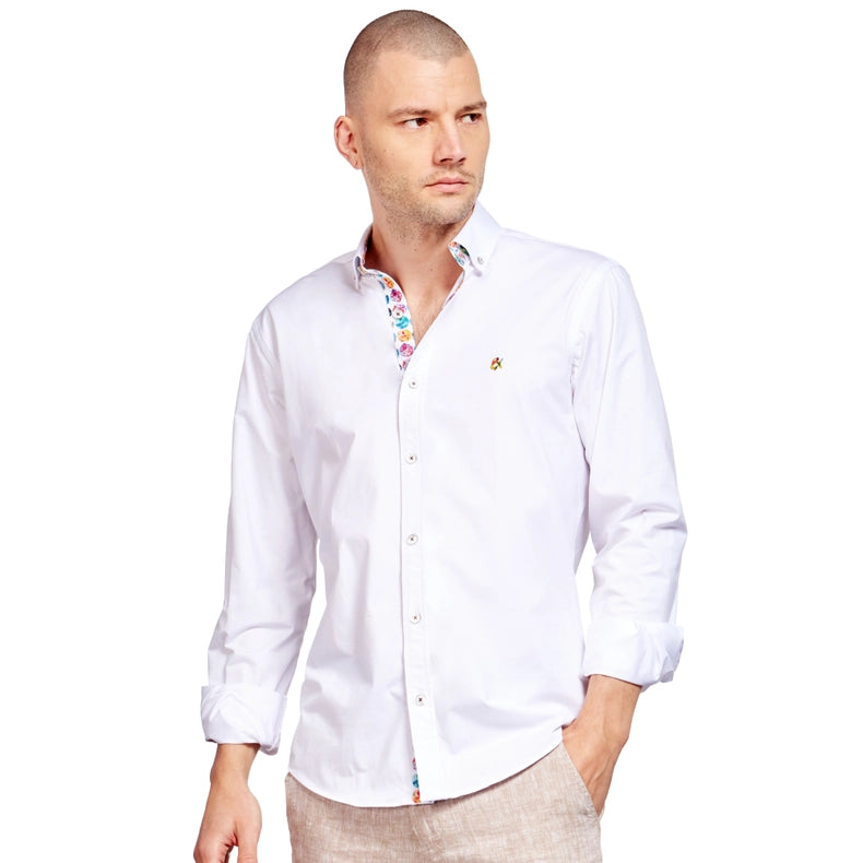 Solid Cotton Stretch Button Down Shirt W/ Global Trim-Shirt-Eight X-M-WHITE-Urbanheer