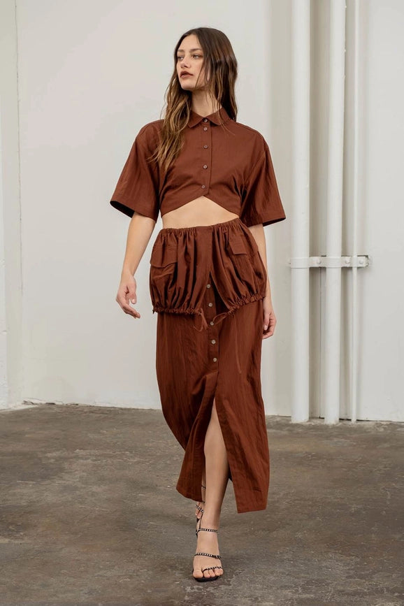 Solid Cropped Short Sleeve Shirt-Shirt-Moon River-XS-BROWN-Urbanheer