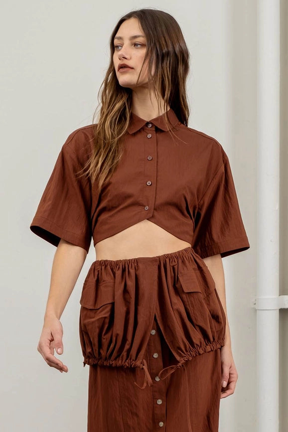 Solid Cropped Short Sleeve Shirt-Shirt-Moon River-XS-BROWN-Urbanheer