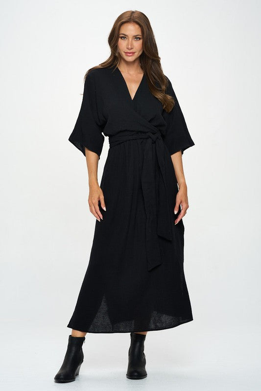 Solid Kimono Style Maxi Dress with Tie-Dresses-Reneecollection-Small-BLACK-Urbanheer