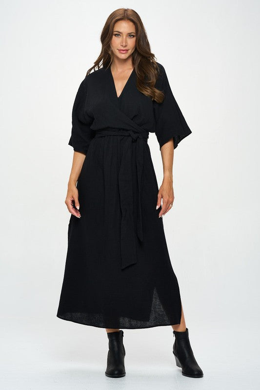 Solid Kimono Style Maxi Dress with Tie-Dresses-Reneecollection-Small-BLACK-Urbanheer