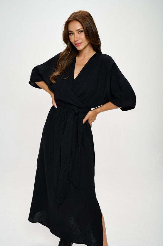 Solid Kimono Style Maxi Dress with Tie-Dresses-Reneecollection-Small-BLACK-Urbanheer