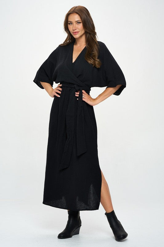 Solid Kimono Style Maxi Dress with Tie-Dresses-Reneecollection-Small-BLACK-Urbanheer