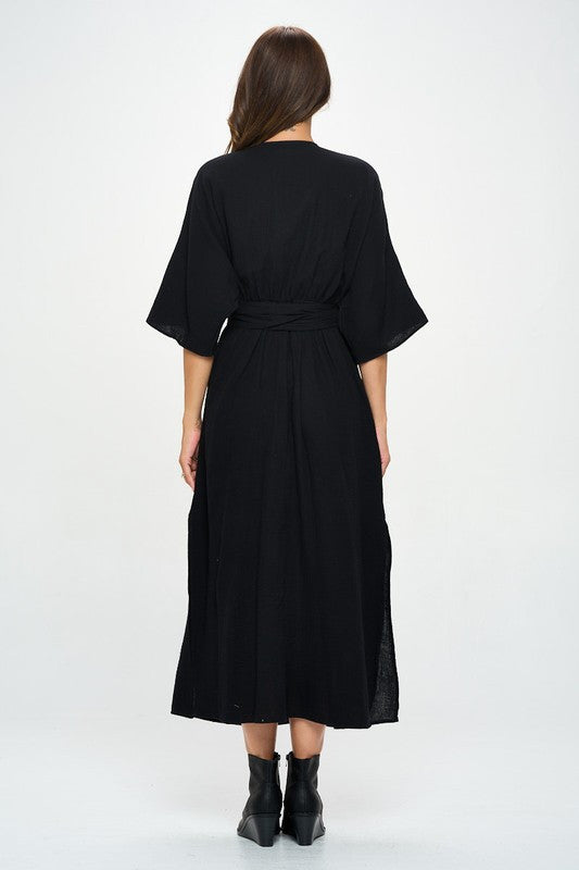 Solid Kimono Style Maxi Dress with Tie-Dresses-Reneecollection-Small-BLACK-Urbanheer