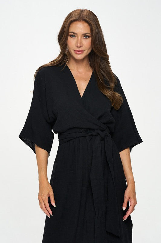 Solid Kimono Style Maxi Dress with Tie-Dresses-Reneecollection-Small-BLACK-Urbanheer