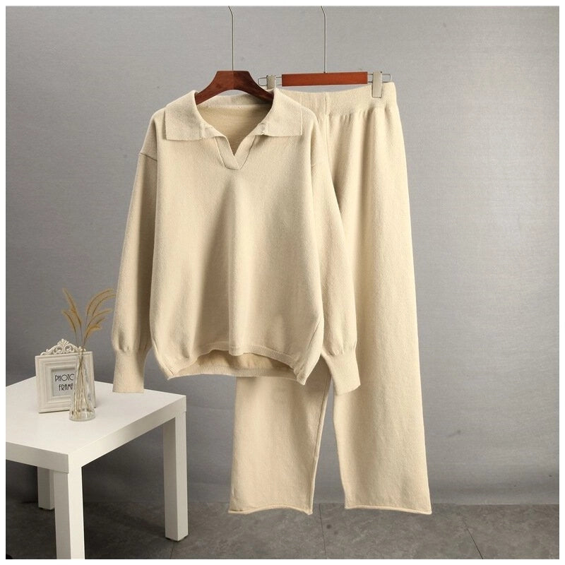 Solid Knit Sweater and Wide Leg Pants Set-Set-Halibuyfashion-One_size-Apricot-Urbanheer