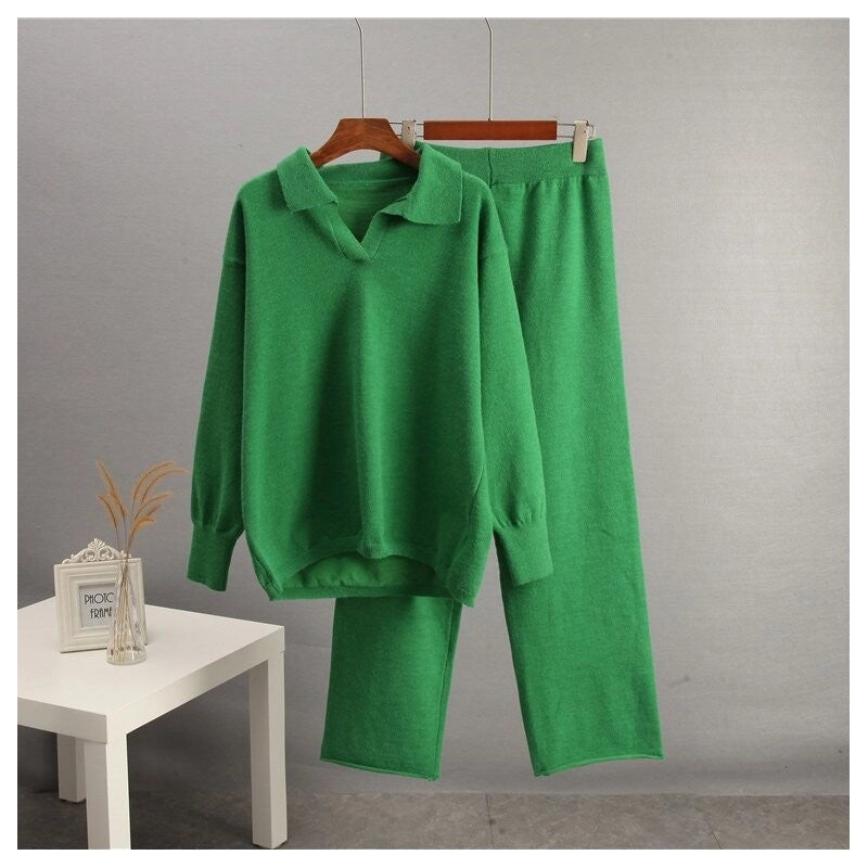 Solid Knit Sweater and Wide Leg Pants Set-Set-Halibuyfashion-One_size-GREEN-Urbanheer