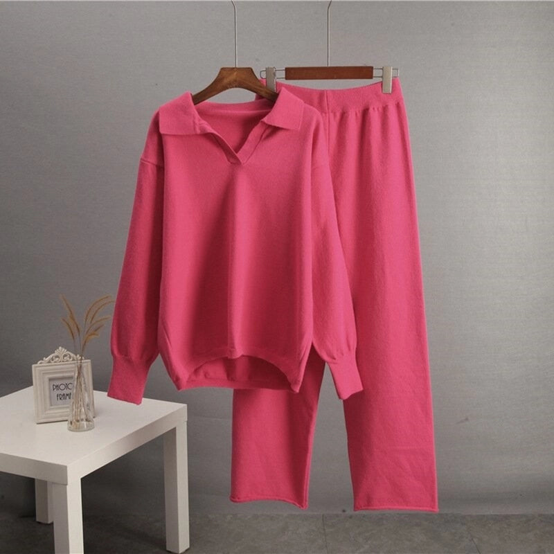 Solid Knit Sweater and Wide Leg Pants Set-Set-Halibuyfashion-One_size-ROSE RED-Urbanheer