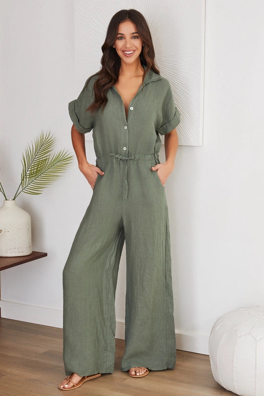 Solid Linen Roll Up Sleeve Waist Jumpsuit Arg-Jumpsuit-VENTI6-S-Urbanheer