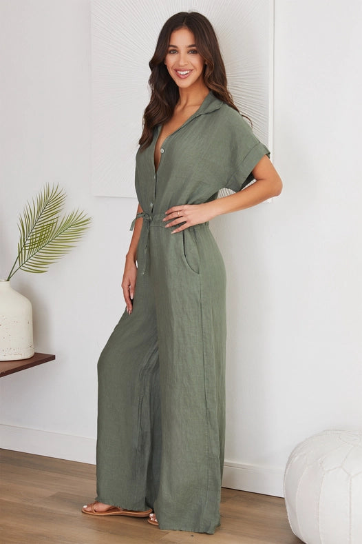 Solid Linen Roll Up Sleeve Waist Jumpsuit Arg-Jumpsuit-VENTI6-S-Urbanheer