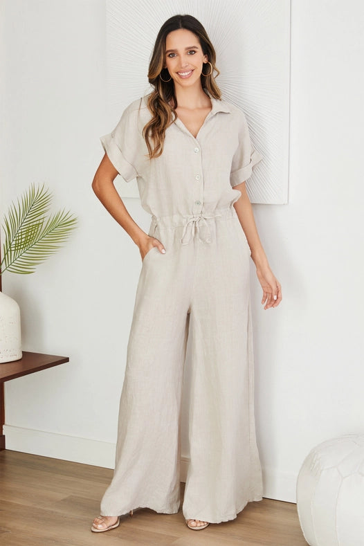 Solid Linen Roll Up Sleeve Waist Jumpsuit Bei-Jumpsuit-VENTI6-S-Urbanheer