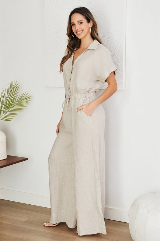 Solid Linen Roll Up Sleeve Waist Jumpsuit Bei-Jumpsuit-VENTI6-S-Urbanheer