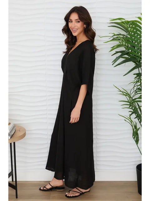 Solid Linen V-Neck Dolman Maxi Dress Black-Dress-MILIO MILANO-XS-Black-Urbanheer