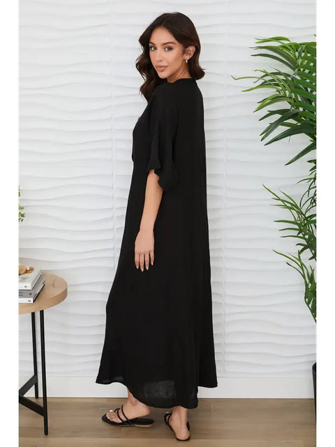 Solid Linen V-Neck Dolman Maxi Dress Black-Dress-MILIO MILANO-XS-Black-Urbanheer