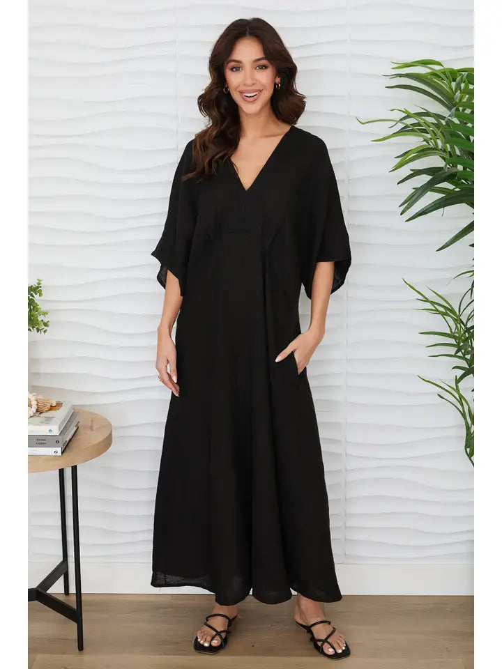 Solid Linen V-Neck Dolman Maxi Dress Black-Dress-MILIO MILANO-XS-Black-Urbanheer
