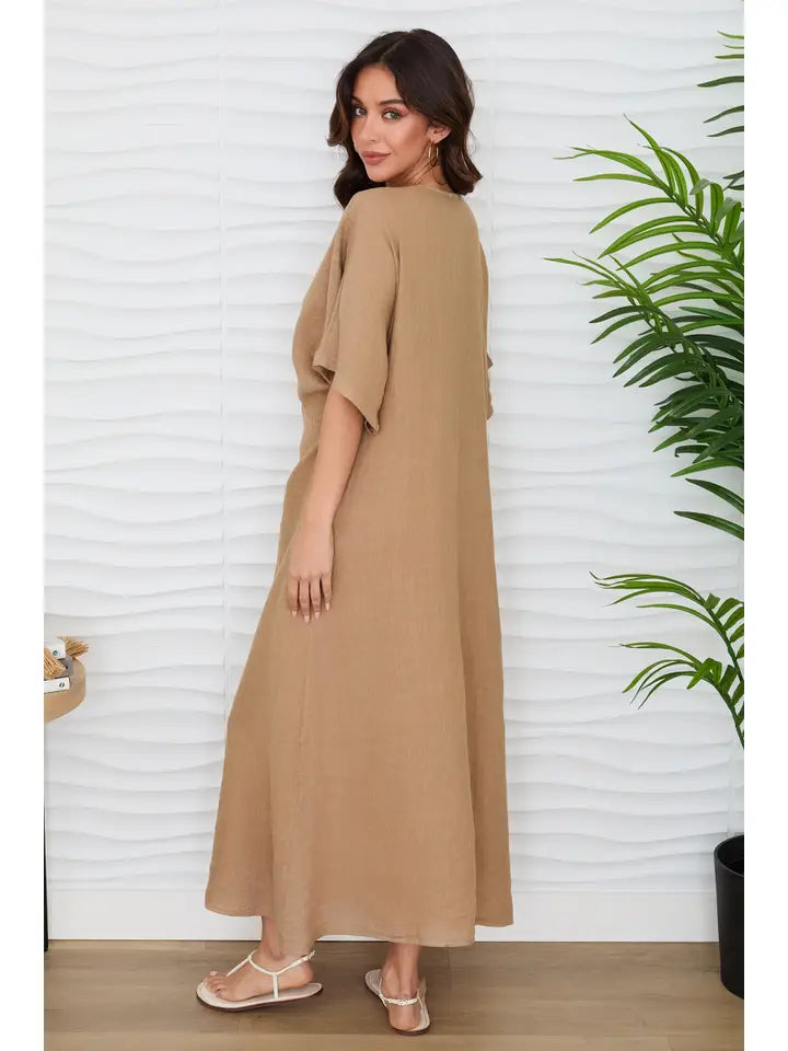 Solid Linen V-Neck Dolman Maxi Dress Camel-Dress-MILIO MILANO-XS-Camel-Urbanheer
