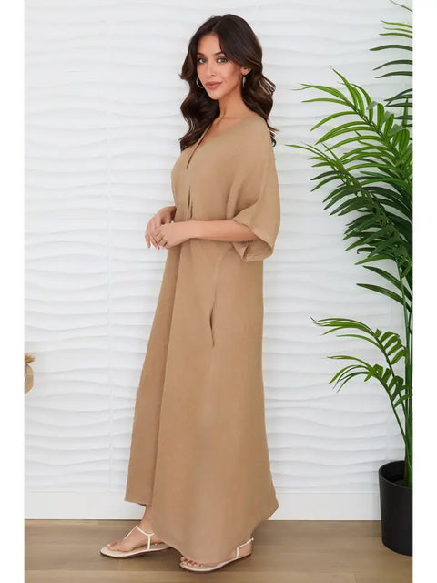Solid Linen V-Neck Dolman Maxi Dress Camel-Dress-MILIO MILANO-XS-Camel-Urbanheer
