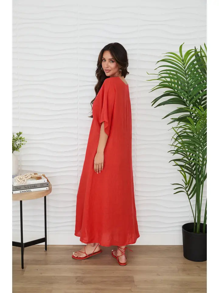 Solid Linen V-Neck Dolman Maxi Dress Red Flame-Dress-MILIO MILANO-XS-Red Flame-Urbanheer
