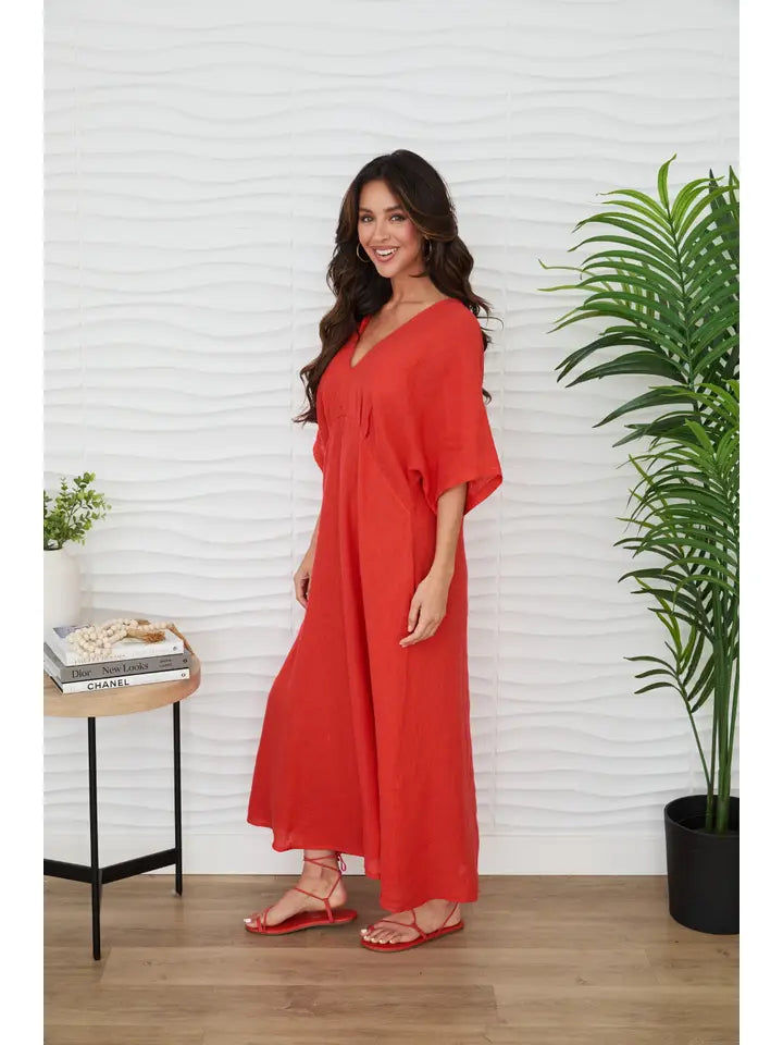 Solid Linen V-Neck Dolman Maxi Dress Red Flame from MILIO MILANO S / Red Flame Solid Linen V-Neck Dolman Maxi Dress Red Flame from MILIO MILANO S / Red Flame