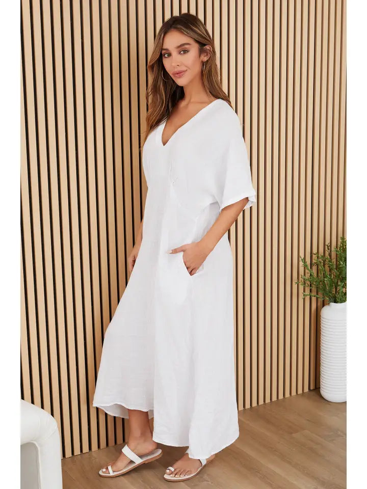 Solid Linen V-Neck Dolman Maxi Dress White-Dress-MILIO MILANO-XS-White-Urbanheer