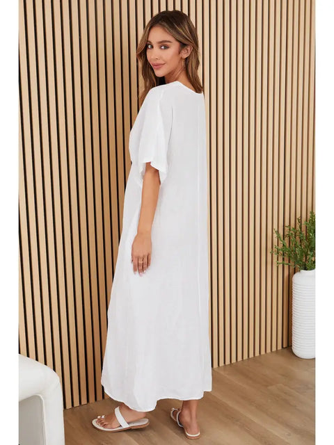 Solid Linen V-Neck Dolman Maxi Dress White-Dress-MILIO MILANO-XS-White-Urbanheer