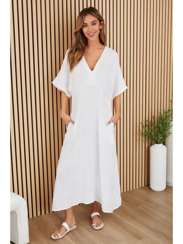 Solid Linen V-Neck Dolman Maxi Dress White-Dress-MILIO MILANO-XS-White-Urbanheer
