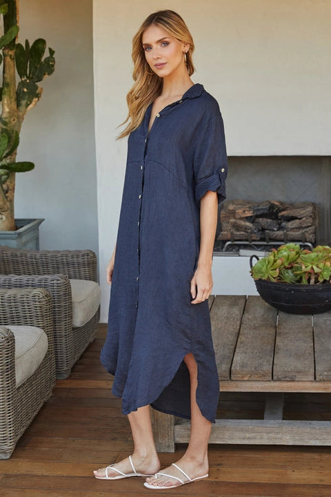 Solid Midi-Length Linen Dress NAVY BLUE-Dress-MILIO MILANO-S-NAVYBLUE-Urbanheer