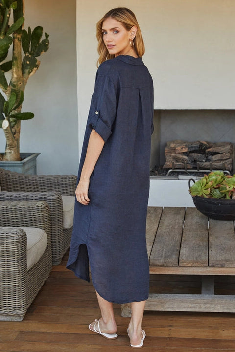 Solid Midi-Length Linen Dress NAVY BLUE-Dress-MILIO MILANO-S-NAVYBLUE-Urbanheer
