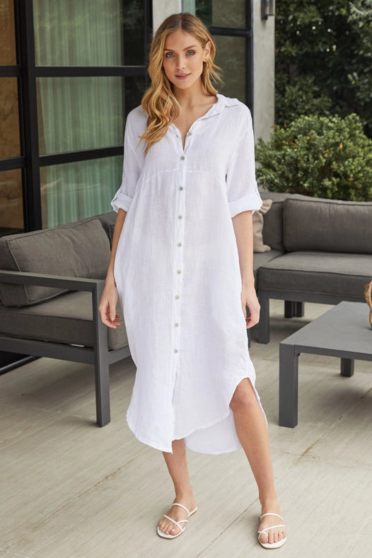 Solid Midi-Length Linen Dress WHITE-Dress-MILIO MILANO-S-WHITE-Urbanheer