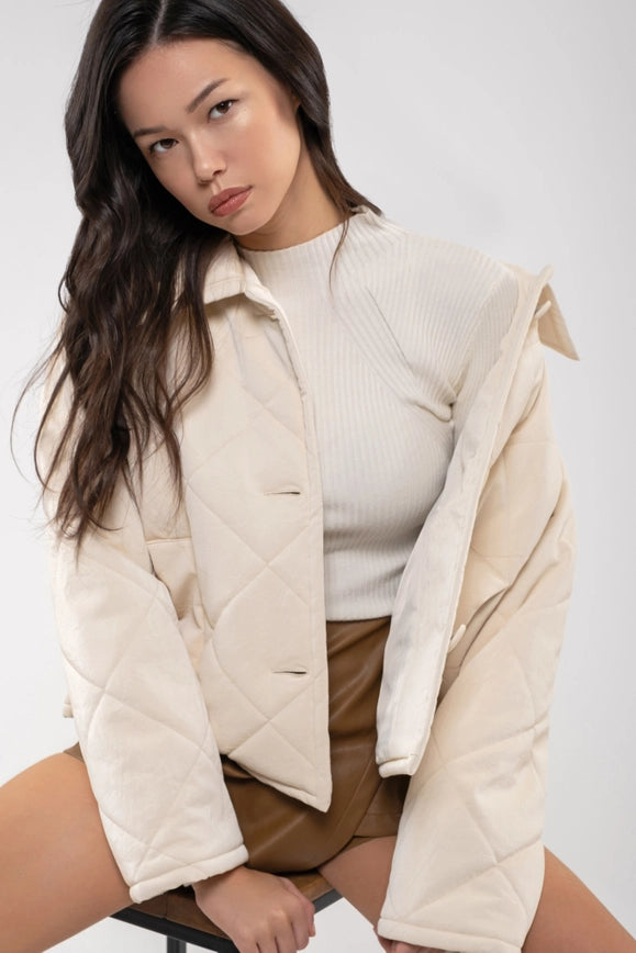 Solid Quilted Faux Leather Jacket-Jacket-Moon River-S-IVORY-Urbanheer
