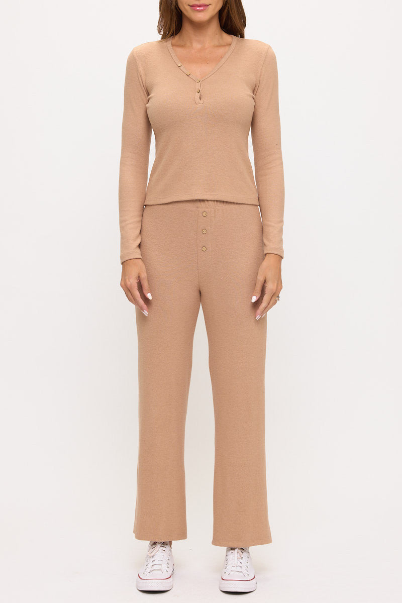 Solid Rib Knit Long Sleeve V neck-1