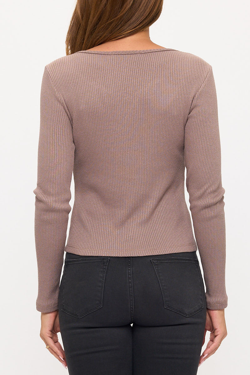 Solid Rib Knit Long Sleeve V neck Sweater Top-3
