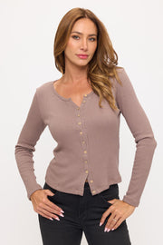 Solid Rib Knit Long Sleeve V neck Sweater Top-0