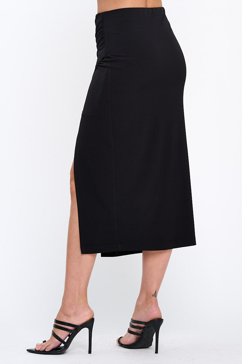 Solid Ruched Midi Skirt with Slit-New Arrival-Reneecollection-Small-BLACK-Urbanheer