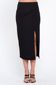Solid Ruched Midi Skirt with Slit-New Arrival-Reneecollection-Small-BLACK-Urbanheer