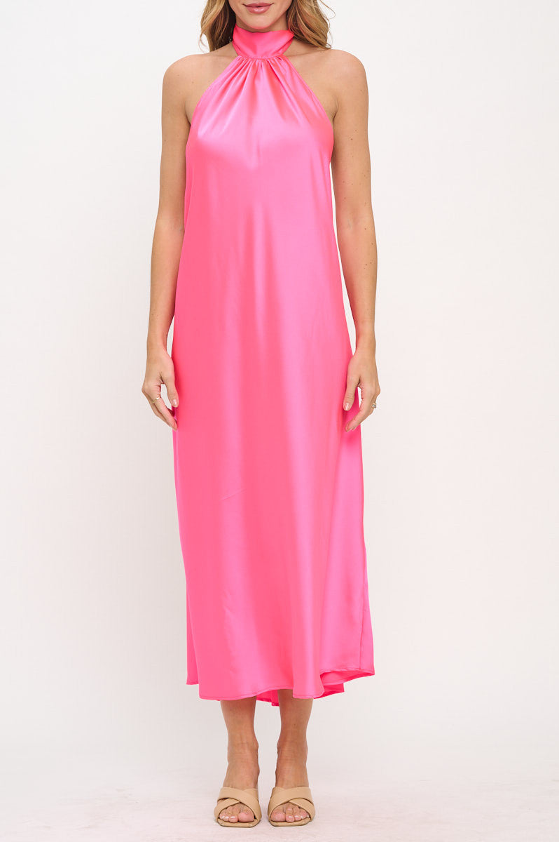 Solid Satin Halter neck Backless Midi Dress-Dresses-Reneecollection-Small-NEON BLUE-Urbanheer