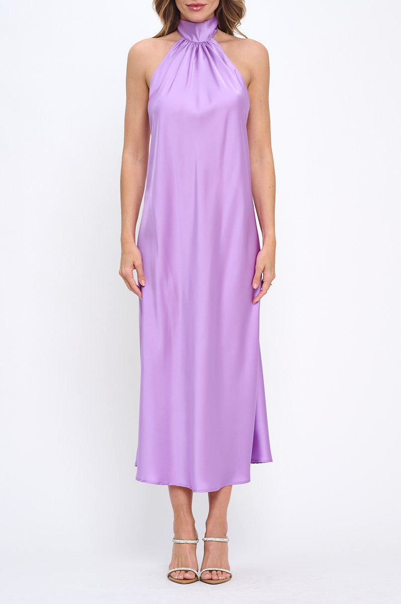 Solid Satin Halter neck Backless Midi Dress-Dresses-Reneecollection-Small-NEON LAVENDER-Urbanheer