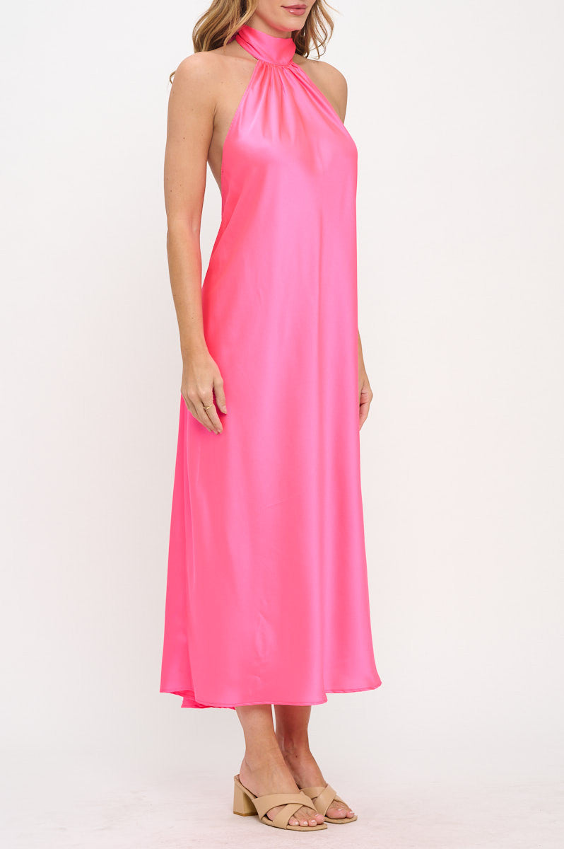 Solid Satin Halter neck Backless Midi Dress-Dresses-Reneecollection-Small-NEON BLUE-Urbanheer
