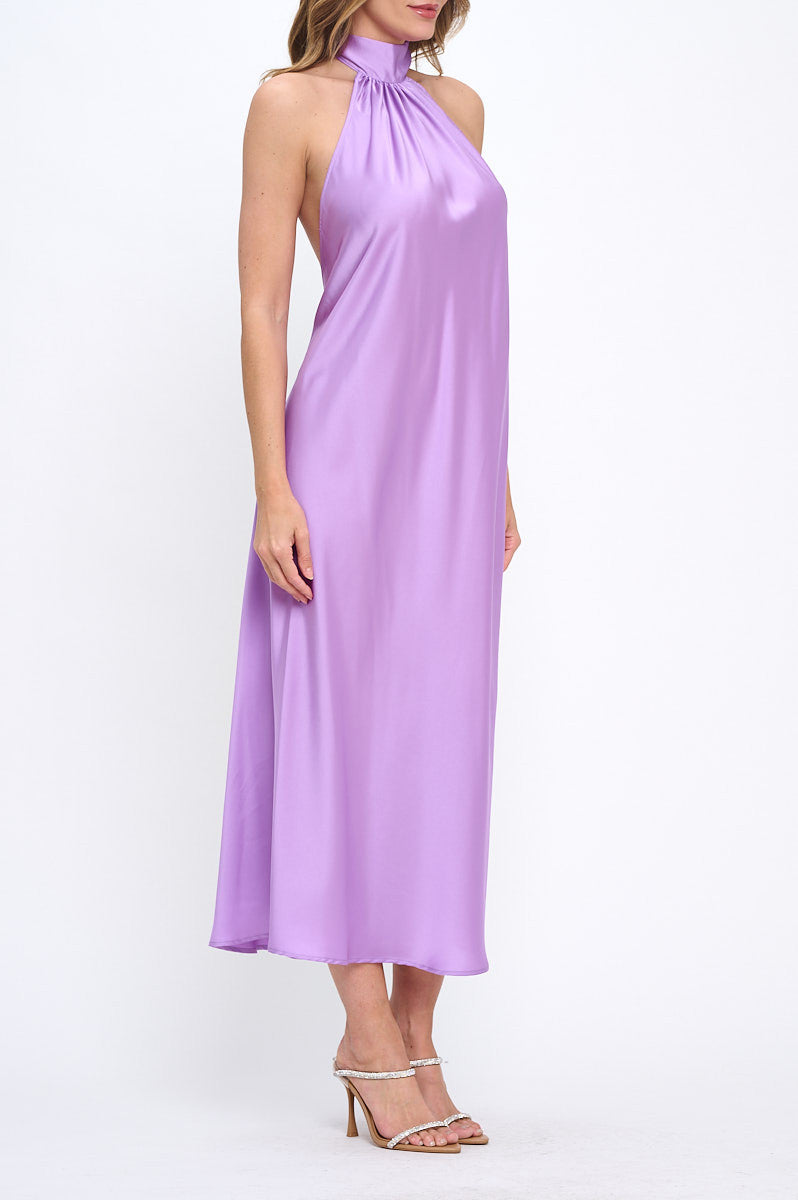 Solid Satin Halter neck Backless Midi Dress-Dresses-Reneecollection-Small-NEON LAVENDER-Urbanheer