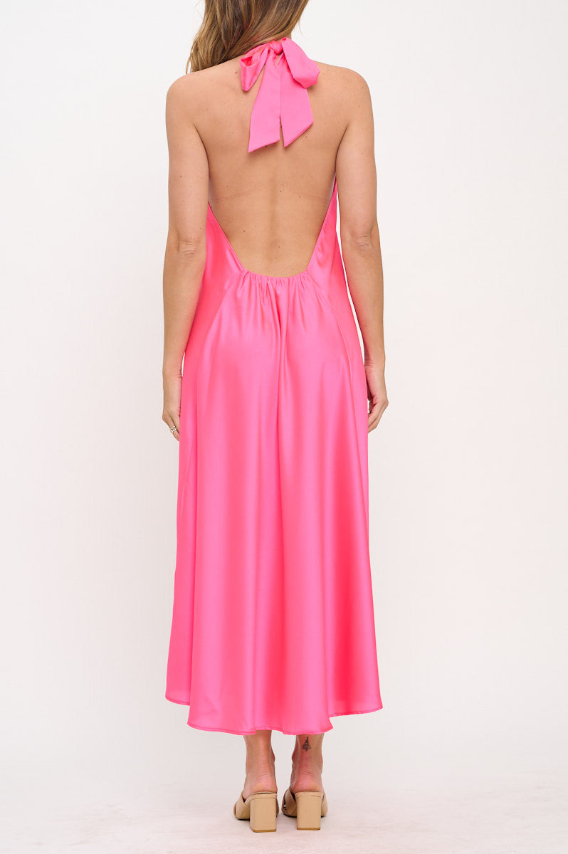 Solid Satin Halter neck Backless Midi Dress-Dresses-Reneecollection-Small-NEON BLUE-Urbanheer