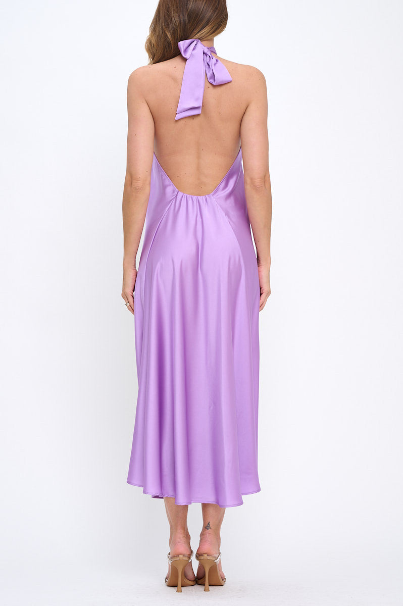 Solid Satin Halter neck Backless Midi Dress-Dresses-Reneecollection-Small-NEON LAVENDER-Urbanheer