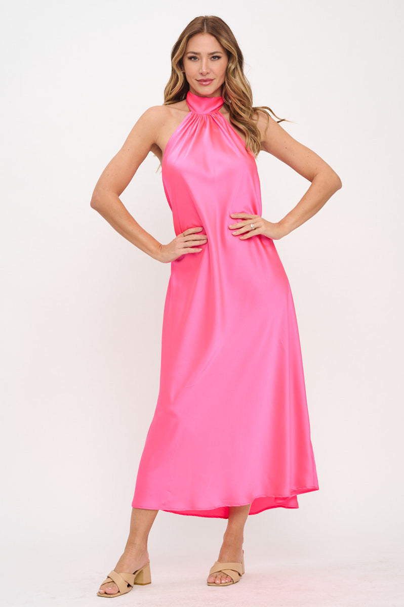Solid Satin Halter neck Backless Midi Dress-Dresses-Reneecollection-Small-NEON BLUE-Urbanheer