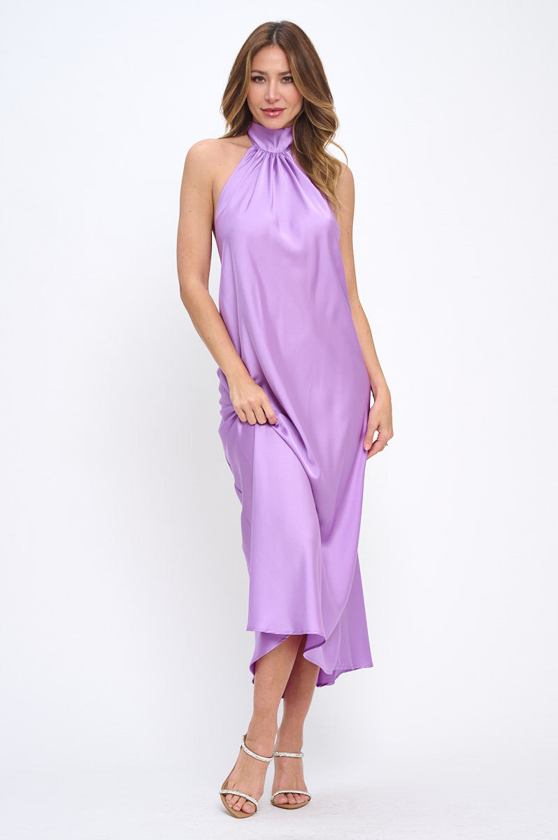 Solid Satin Halter neck Backless Midi Dress-Dresses-Reneecollection-Small-NEON LAVENDER-Urbanheer