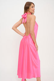 Solid Satin Halter neck Backless Midi Dress-Dresses-Reneecollection-Small-NEON BLUE-Urbanheer